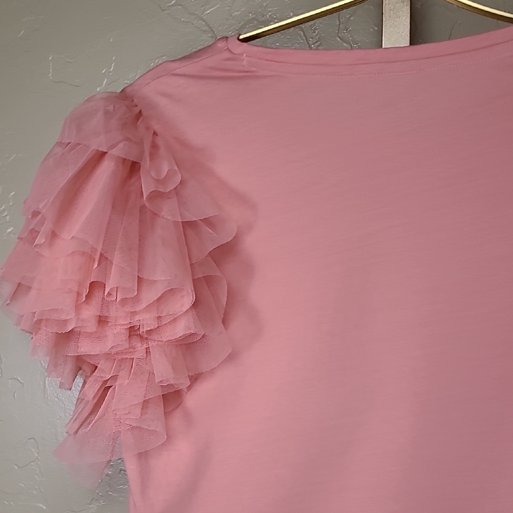 Alice + Olivia Blush Pink Rylan Tulle Sleeve T-shirt Fairy Top 100% Cotton - Picture 8 of 16